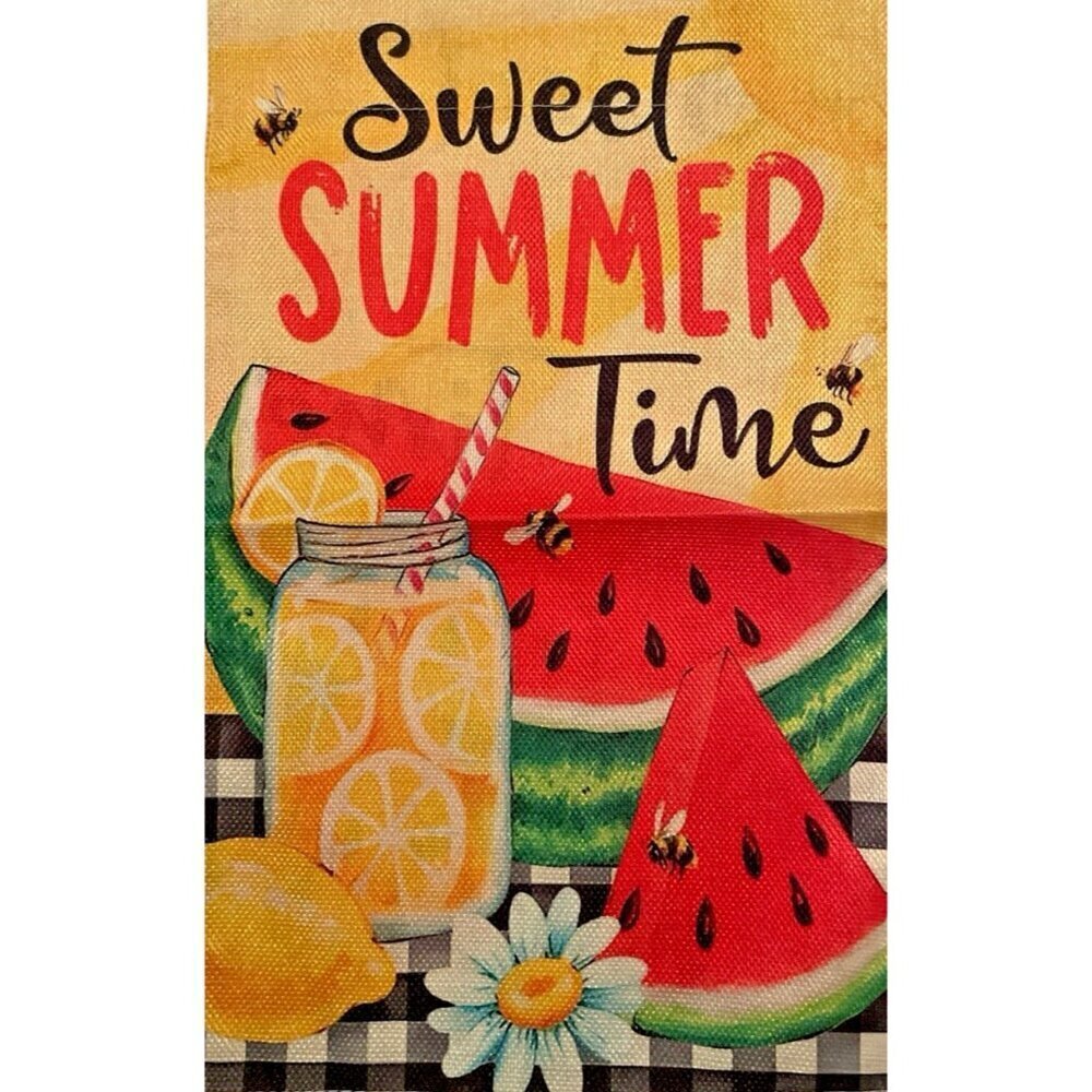 Sweet Summer Time Watermelon Lemonade Garden Flag Burlap 12"x18" Double-Sided - Picture 2 of 4